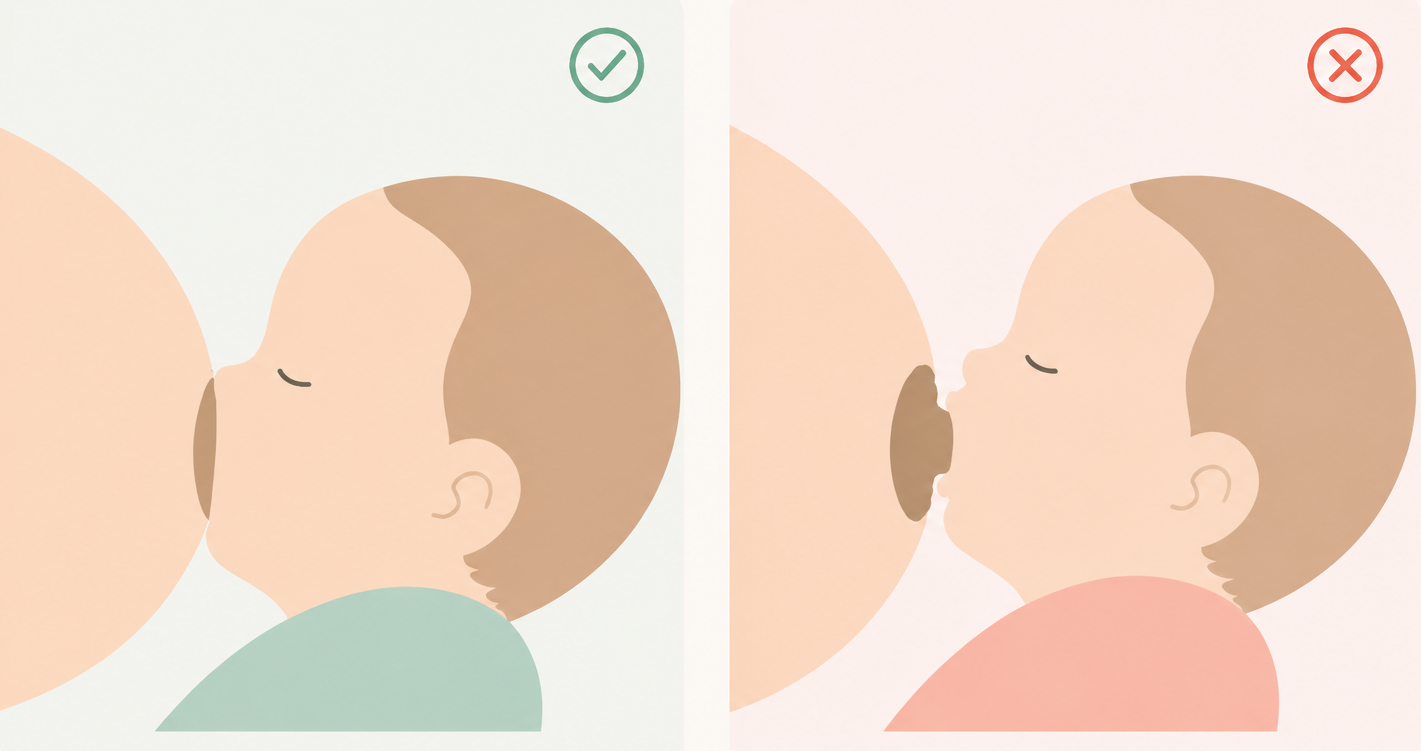 Comparativa de agarre al pecho: a la izquierda agarre asimétrico y profundo correcto con gran porción de areola dentro de la boca, a la derecha agarre superficial incorrecto solo del pezón