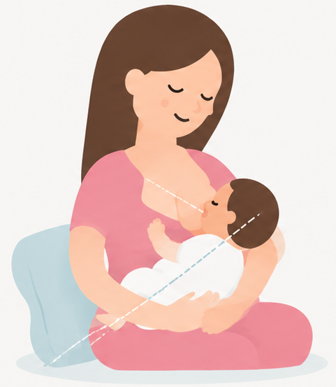 Ilustración de madre sentada erguida amamantando a su bebé barriga con barriga, con cabeza, hombros y cadera del bebé formando una línea recta sin girar el cuello