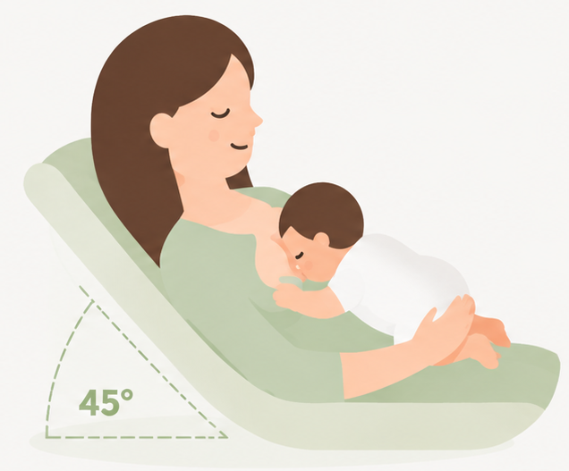 Ilustración de postura biológica o laid-back breastfeeding: madre recostada unos 45 grados con el bebé boca abajo sobre su pecho, en contacto piel con piel